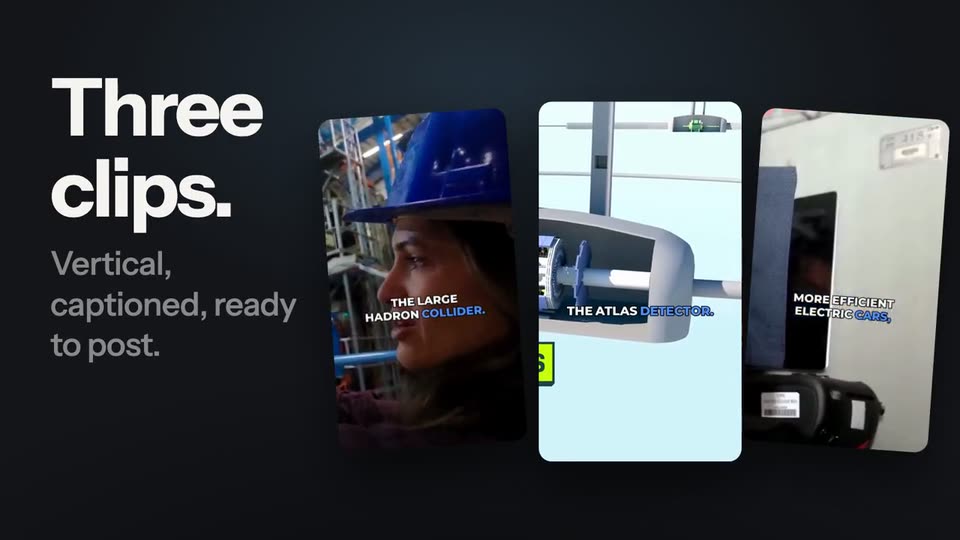 A pasted video link becoming several captioned vertical clips.