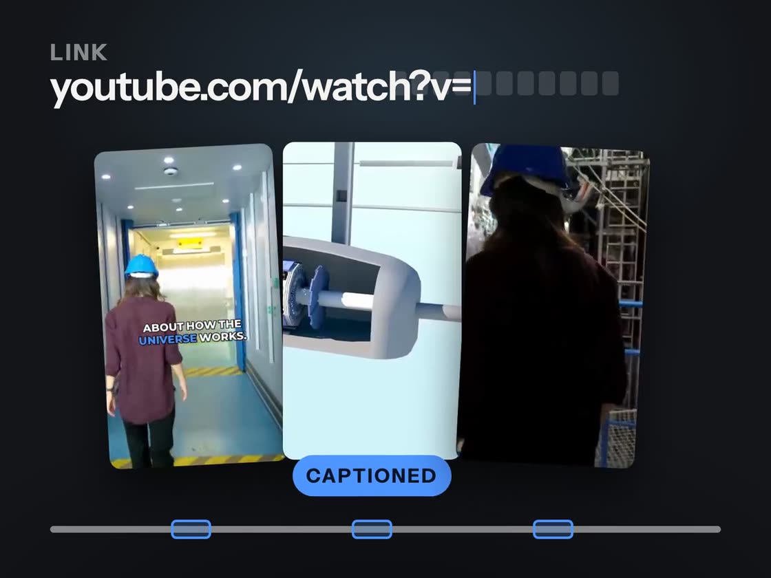 A long YouTube video with a short window marked on its timeline, and the captioned vertical clip cut out of it.