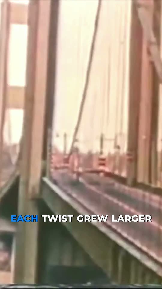 Vertical Short: the Tacoma Narrows bridge deck twisting under wind in 1940, with a burned-in English caption.