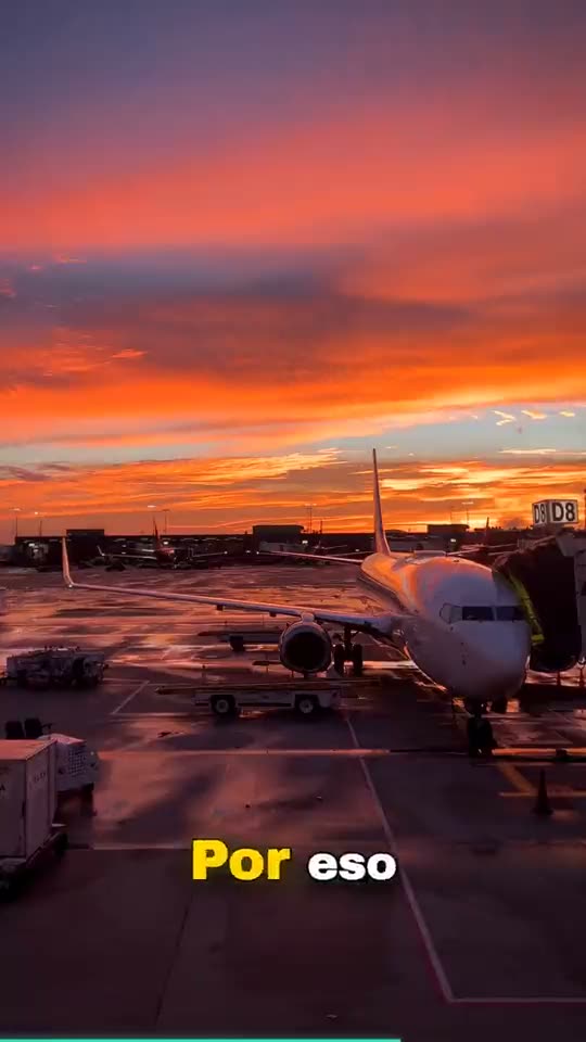 Vertical Short: an airliner being sprayed on a foggy apron and the same apron at sunset, with a burned-in Spanish caption.
