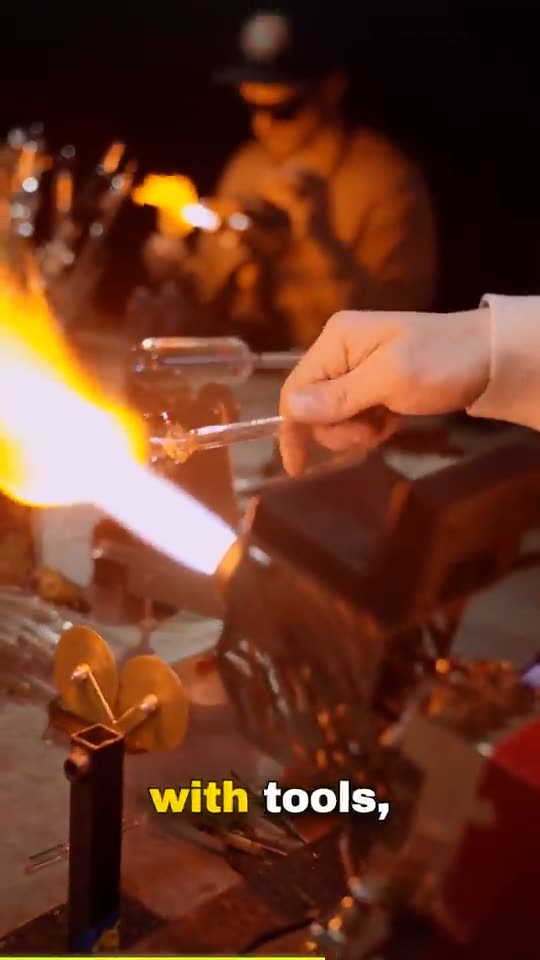 Vertical Short: a glassblower turning a rod of molten glass in a torch flame at a workbench, with a burned-in English caption.