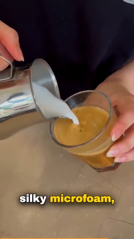 Vertical Short: hands working a hand-held milk frother in a steel jug on a kitchen counter, with a burned-in English caption.