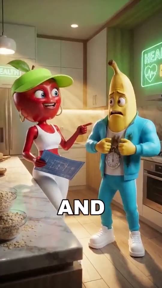 Talking fruit characters in a scene