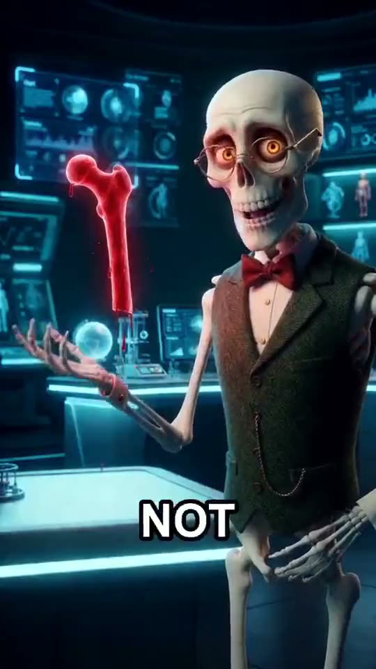 A skeleton character talking to camera